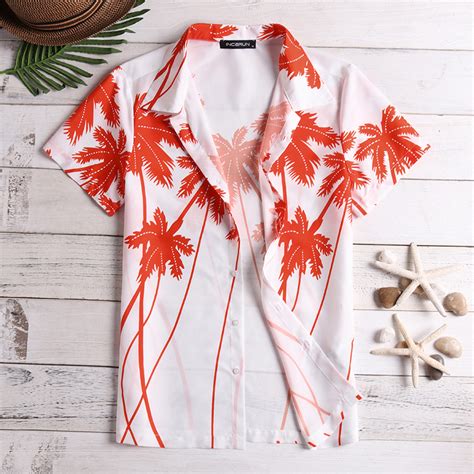 New Men Coconut Tree Print Short Sleeve Relaxed Hawaiian Shirts Chile