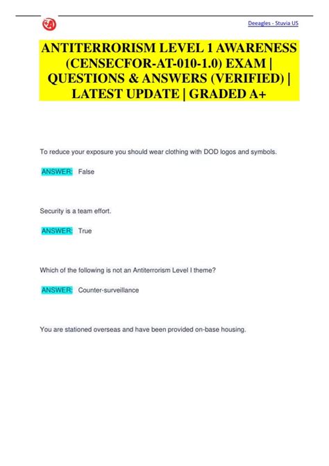 ANTITERRORISM LEVEL 1 AWARENESS (CENSECFOR-AT-010-1.0) EXAM | QUESTIONS
