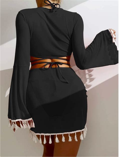 Pcs Solid Color Bikini With Short Skirt And Long Sleeve Cover Up