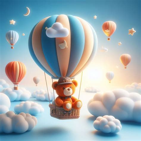 Adorable Brown Teddy Bear In Hot Air Balloon