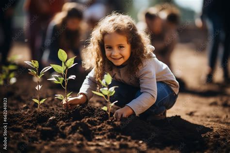 Eine Gl Ckliche Familie Mit Kindern Pflanzt Gemeinsam Einen Neuen Baum