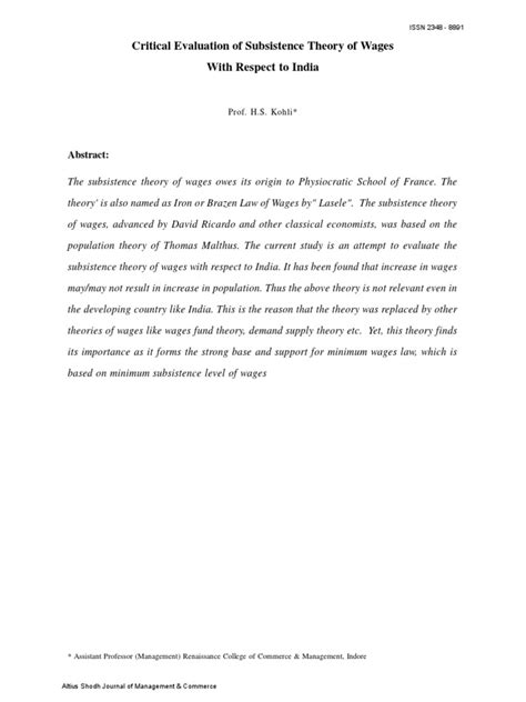 subsistence theory  wages   criticism  labour economics