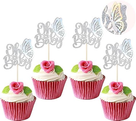 Amazon Gyufise Pcs Butterfly Oh Baby Cupcake Toppers Silver