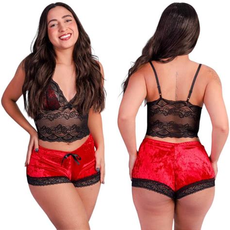 Pijama Baby Doll Feminino Lingerie Veludo Luxo Renda Short Doll Veludo Sexy Shopee Brasil