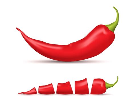 Premium Vector Realistic Detailed D Whole Red Hot Chili Pepper And Slice Set Vector