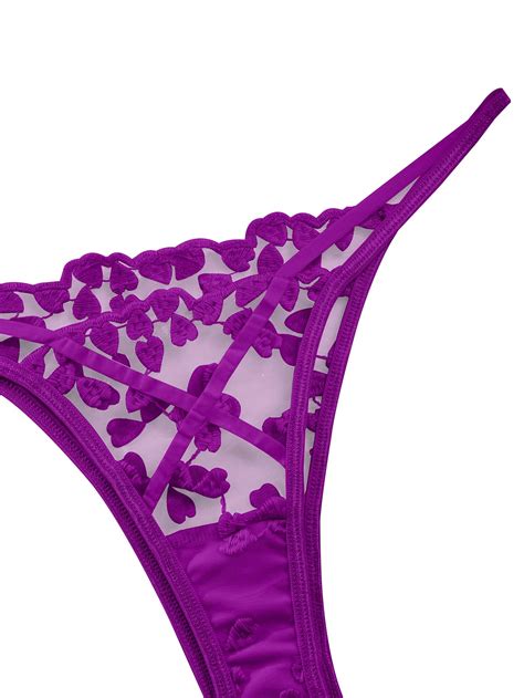 Snapklik Sexy Cute Underwire Push Up Strappy Heart Embroidered Mesh Sheer Lingerie Set For