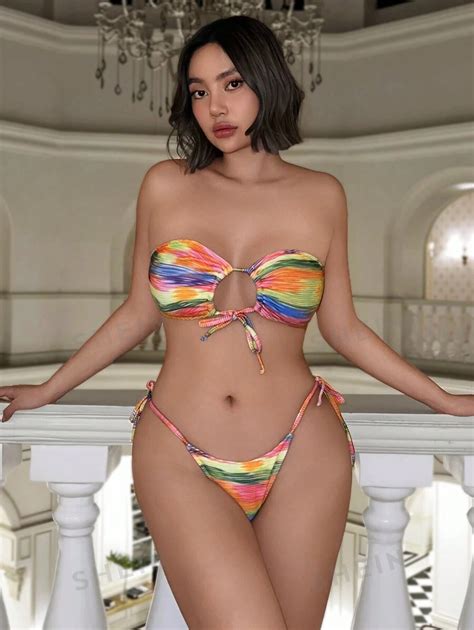 SHEIN Swim Pcs Rainbow Striped Bandeau Bikini Top And Side Tie Bikini Bottom SHEIN USA