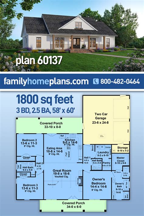 Plan 60137 | Country, Farmhouse, Ranch House with 3 Bed, 3 Bath, 2 Car