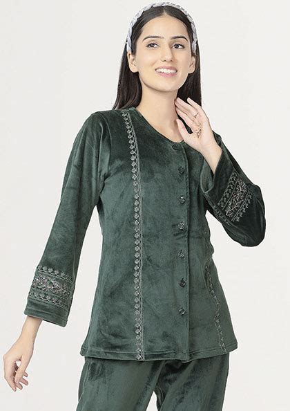 CS Velvet Front Open Night Suit Lovebird Lingerie India