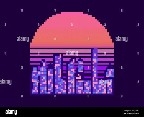 Pixel Art City At Sunset 8 Bit Cityscape On The Pixel Sun 80s