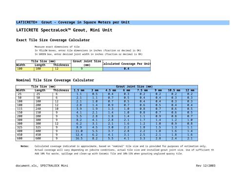 Xls Laticrete Grout Coverage Calculator By Unit Size Metric Version Dokumen Tips