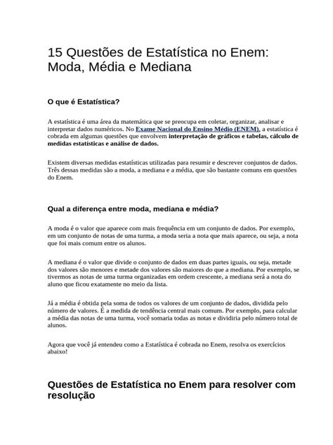 Questoes Sobre Estatistica - Questões de Estatística para o ENEM | PDF | Modo (Estatística) | Média