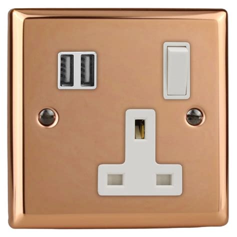 Polished Copper Urban 1 Gang 13a Switched Socket 2 X 5v Dc 2100ma Us The Switch Store