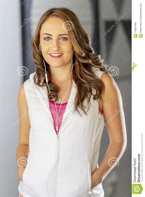 Lovely Brunette Model Posing At Home Stock Photo Image Of Device Happy