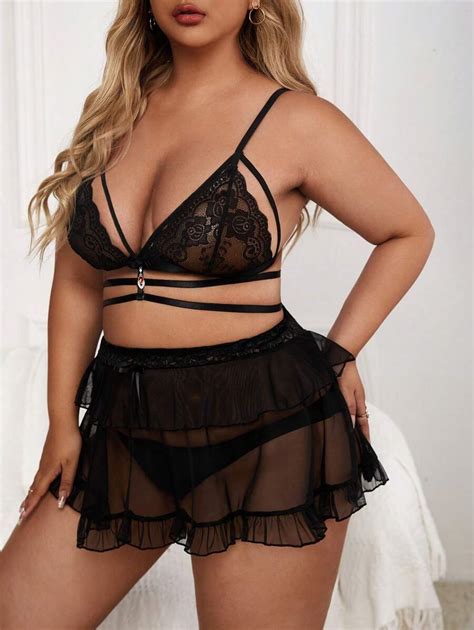 Conjunto De Lingerie Sexy Plus Size Conjunto De Camisola E Calcinha Fio Dental Transparente De
