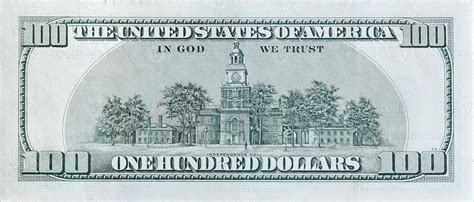 Independence Hall on 100 dollars banknote back side closeup macro ...