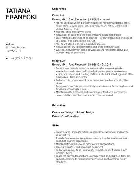 Food Production Resume Samples Velvet Jobs