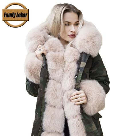 Fandy Lokar Camouflage Army Fur Parka Long Women Military Coat with ...
