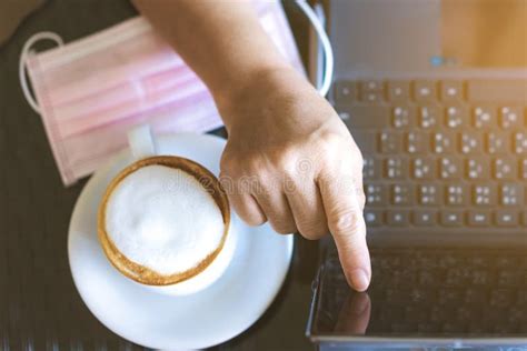 Quarantined Woman Work From Home By Using A Tablet And Stress Relief With Hot Coffee New Normal