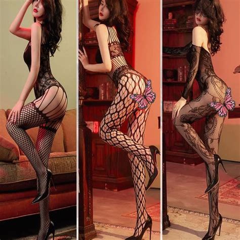 Lingerie érotique ensemble de 3 Sexy Body netwear creux ouvert entrejambe Body bas noir Style