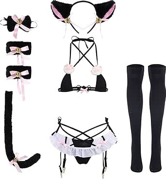 Abafip Women S Cute Anime Kawaii Cat Kitten Cosplay Strappy Lingerie Halter Micro Bra Panty