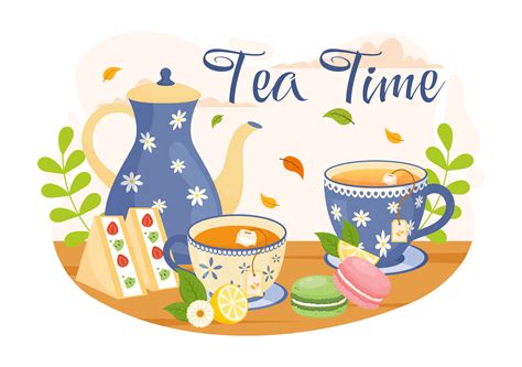 Tea Time Vector Illustration With Mug Of Hot Drink Sweet Desserts And