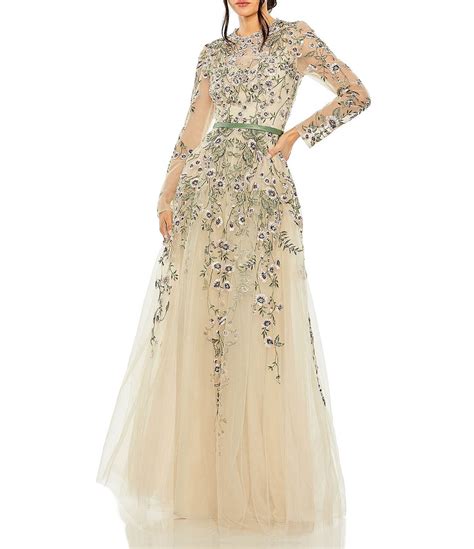 Mac Duggal Floral Embroidery Illusion Crew Neck Long Sleeve Gown