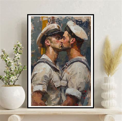 Gay Painting Canvas Print Vintage Gay Sailors Two Men Kissing Canvas LGBT Gay Wall Art Gay