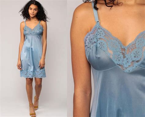 Blue Slip Dress 70s Mini LACE Sheer Lingerie Nylon Vintage 80s
