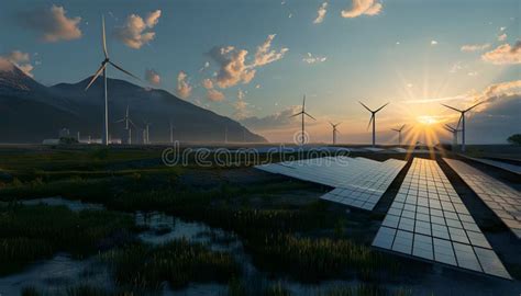 Solar Cells and Wind Turbines Generating Electricity Stock Illustration ...
