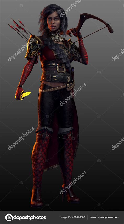 Fantasy Poc Woman Red Black Armor Bow Daggers Stock Photo By Ravven