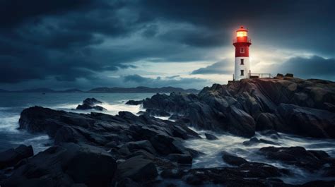 Lone lighthouse, rocky coast, guiding beacon against tumultuous sea