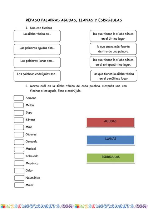 Sílaba tónica y palabras agudas llanas y esdrújulas Worksheet Online