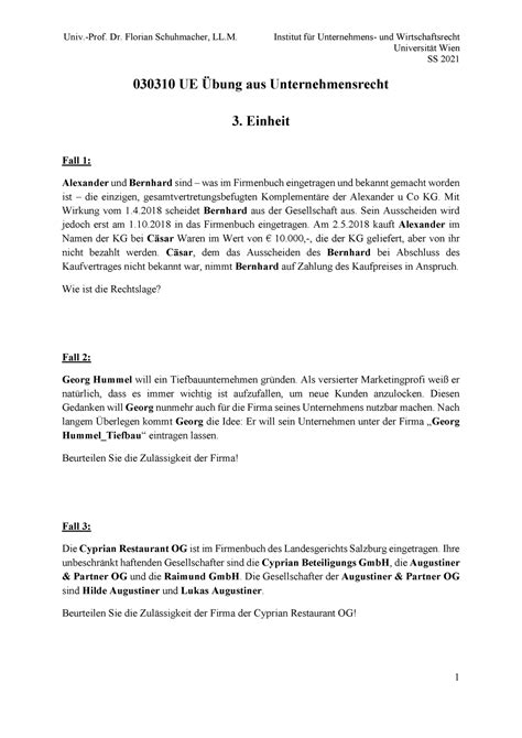 3 Einheit SS 2021 Mitschrift UE Unternehmensrecht Uni Wien Studocu