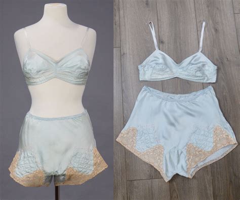Vintage S Silk Bra And Panties S Flapper Lingerie Set Lace Trim Ice Blue Silk Tap Pants