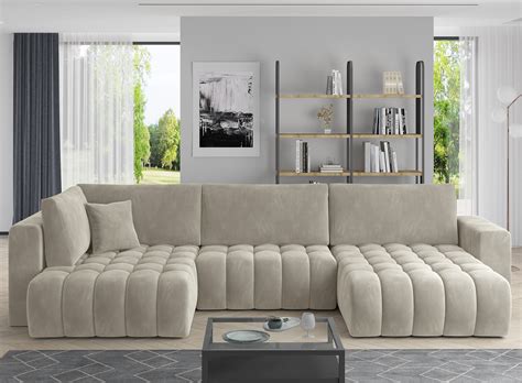 canape panoramique convertible design capitonne velours beige