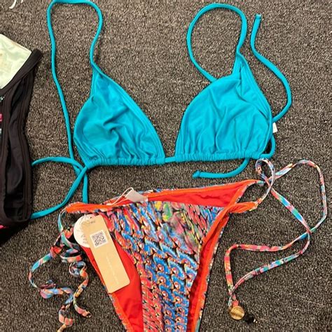 Pilyq Swim Rand New Pilyq Bikini Set Blue Top Multi Bottoms Large