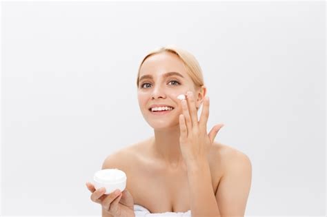 Premium Photo Close Up Beauty Portrait Of A Laughing Beautiful Half Naked Woman Applying Face