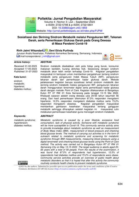 PDF Sosialisasi Dan Skrining Sindrom Metabolik Melalui Pengukuran IMT