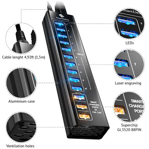 13-port Aluminum USB Hub (Black) - SmartDelux