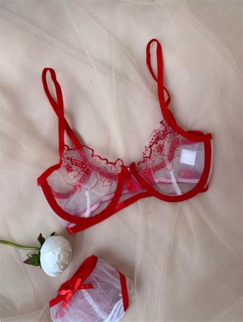 Luxury Red Transparent Lingerie Set Cherry Bra Transparent Bra Set Romantic Lingerie Garter Belt