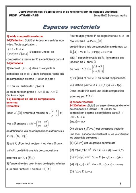 Espaces Vectoriels Cours Et Exercices Corrig S Alloschool