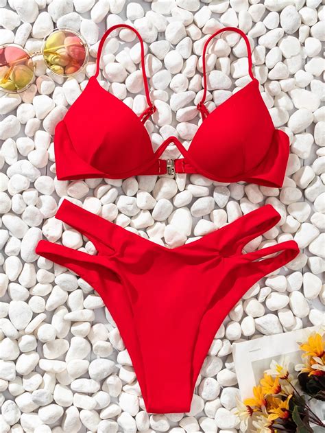Conjunto De Bikini Unicolor Sujetador Trasero Con Hebilla Con Aros Y