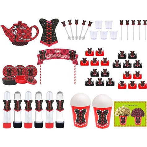 kit festa Chá de Lingerie vermelho e Preto 105 peças 10 pessoas Produto artesanal Kit