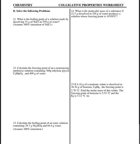 Solved Worksheet Colligative Properties Name A Property Chegg