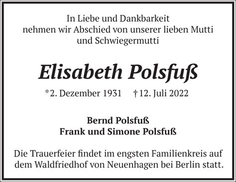 Traueranzeigen von Elisabeth Polsfuß Märkische Onlinezeitung Trauerportal