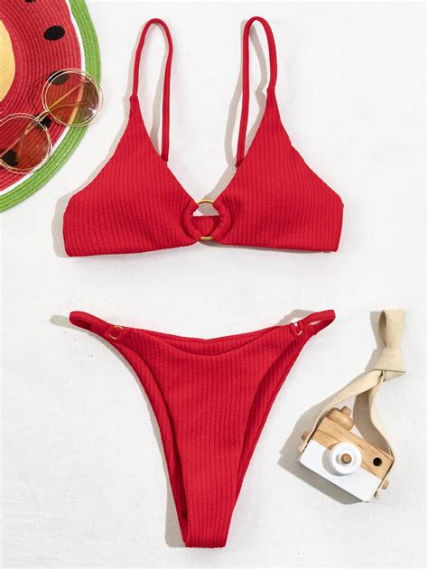 Shein Swim Conjunto De Bikini Texturizado Sujetador Con Aros Y Bottom De Tanga Traje De Ba O De