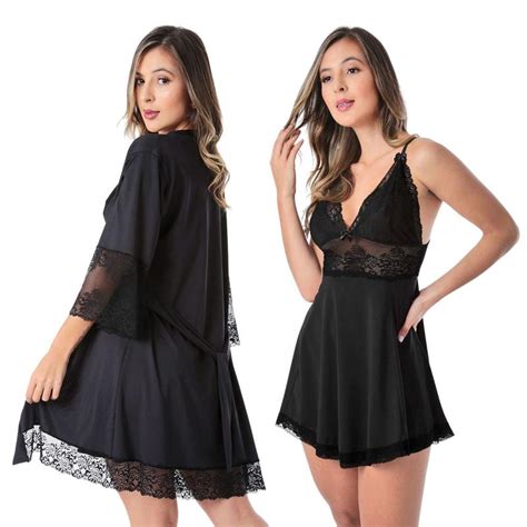 Kit Robe Luxo e Camisola Sensual de Renda Lingerie Feminina Empório Lingerie Roupão e Robe