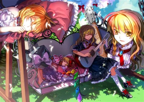 2girls Blonde Hair Dress Flandre Scarlet Guitar Hakonekohime Hat Instrument Kirisame Marisa