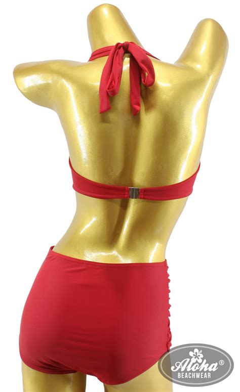 Women S Vintage Bikini High Waisted Pin Up Rockabilly S S Retro Panty Ruffled Uni Plain